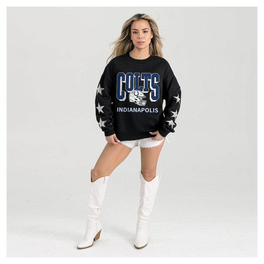 Indianapolis Colts Gameday Couture Women's Pure Victory Rhinestud Star-Sleeve Pullover Sweatshirt Black