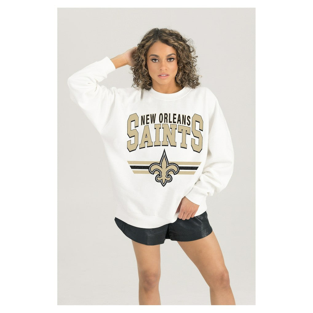 New Orleans Saints Gameday Couture Women's Swift Strike Premium Oversized Fleece Pullover Sweatshirt White