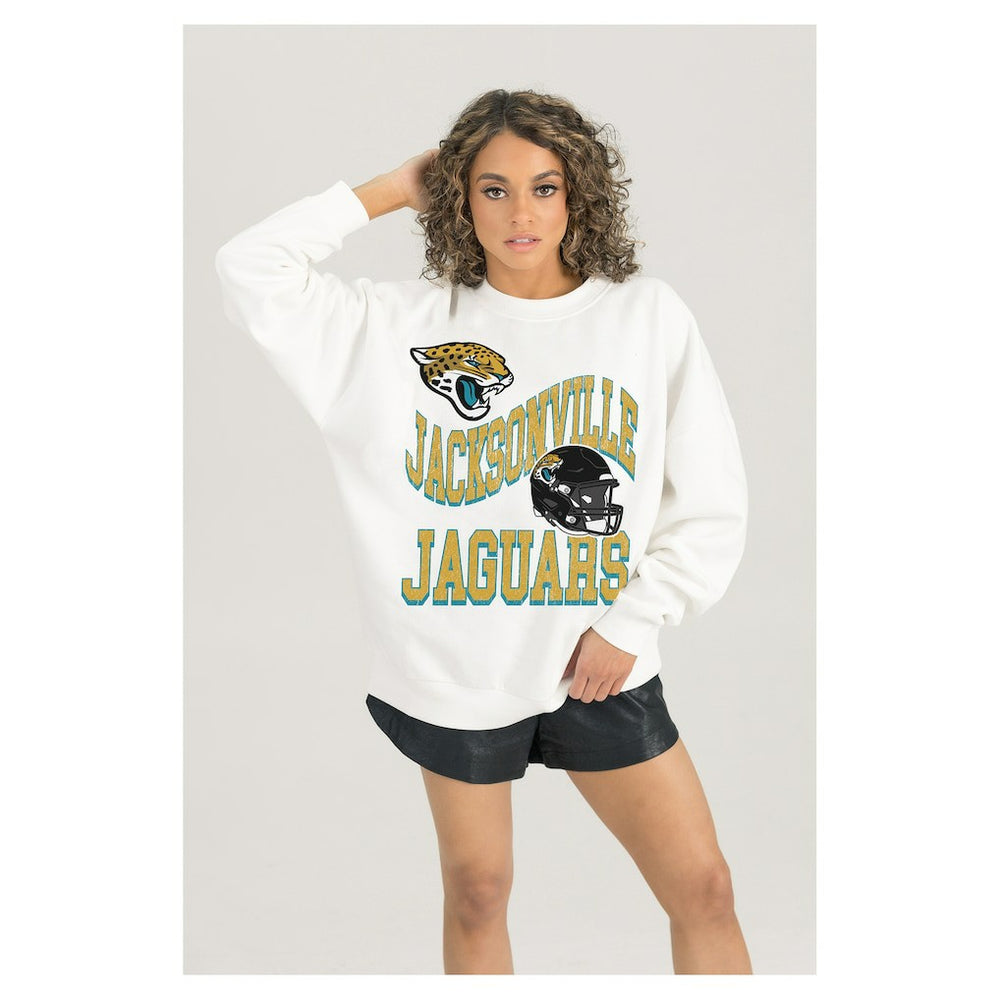 Jacksonville Jaguars Gameday Couture Women's Oversized Hard Earned Premium Fleece Pullover Sweatshirt White