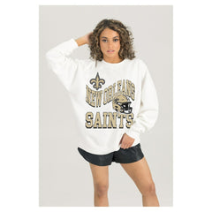New Orleans Saints Gameday Couture Women's Oversized Hard Earned Premium Fleece Pullover Sweatshirt White