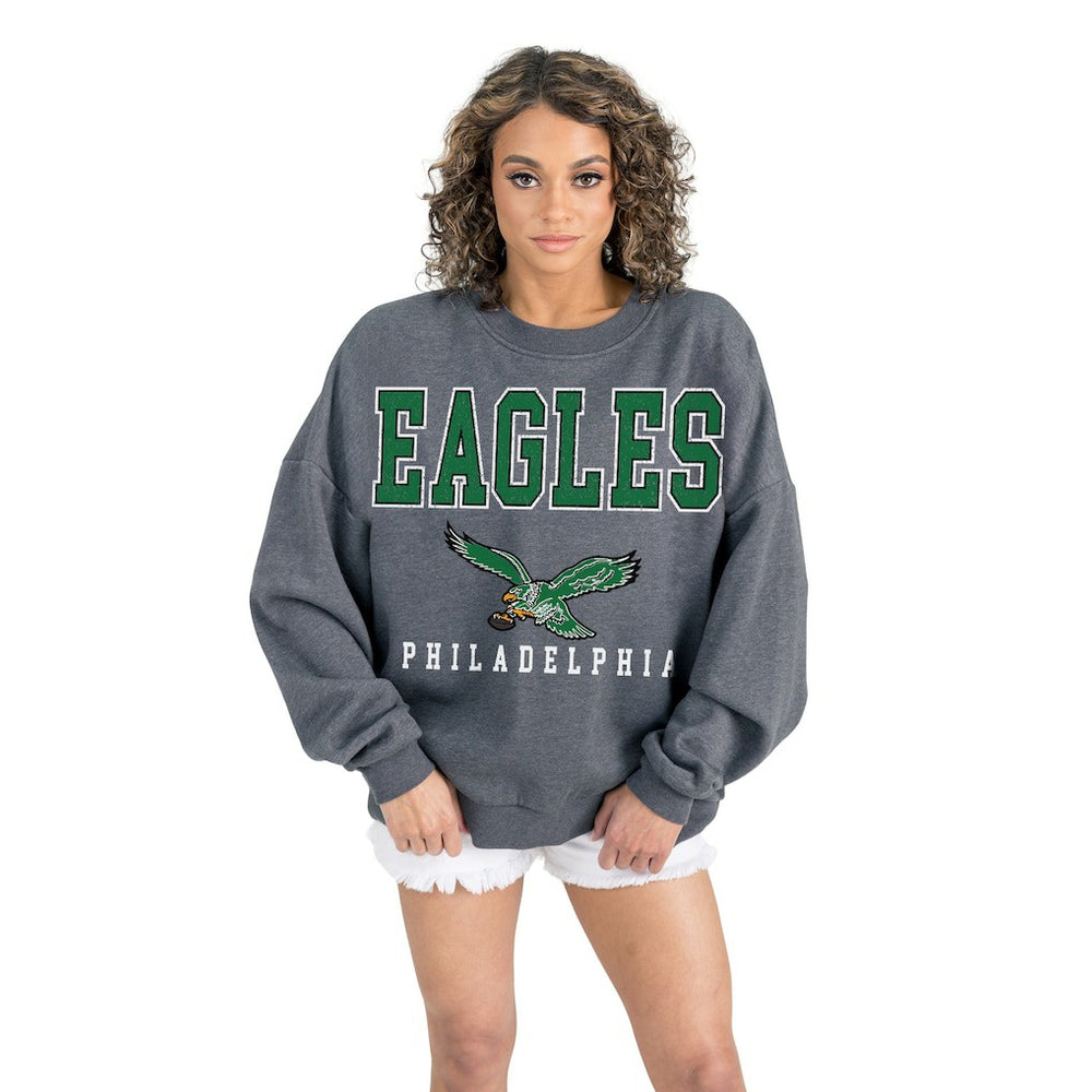 Philadelphia Eagles Gameday Couture Women's Bring Your Energy Oversized Premium Fleece Pullover Sweatshirt Charcoal