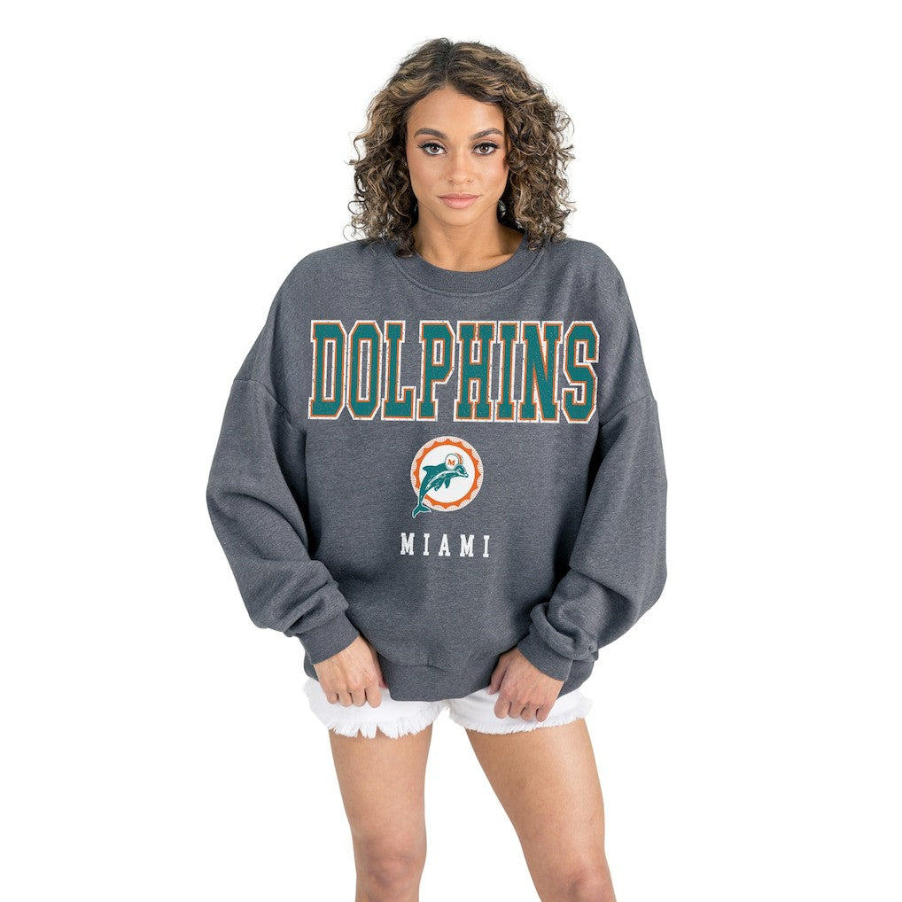 Miami Dolphins Gameday Couture Women's Bring Your Energy Oversized Premium Fleece Pullover Sweatshirt Charcoal