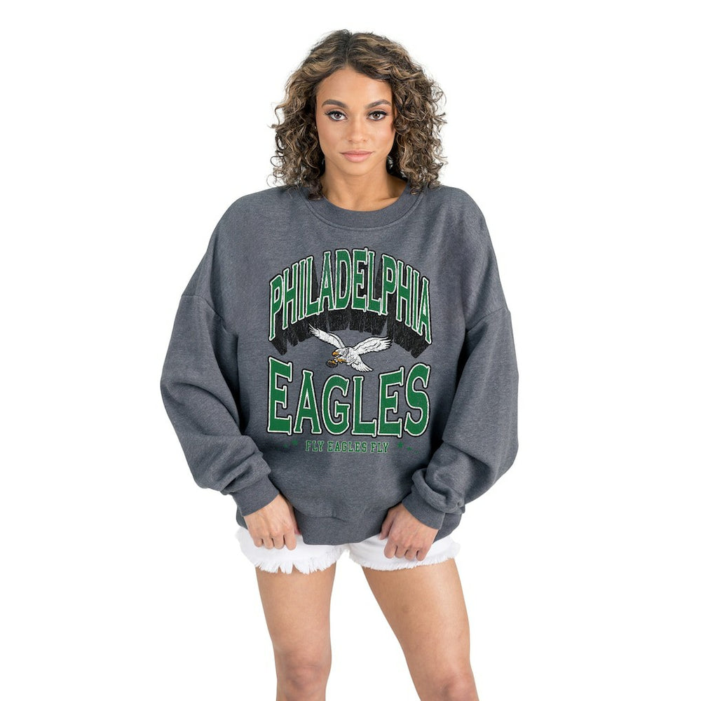 Philadelphia Eagles Gameday Couture Women's Long Weekends Oversized Premium Fleece Pullover Sweatshirt Charcoal