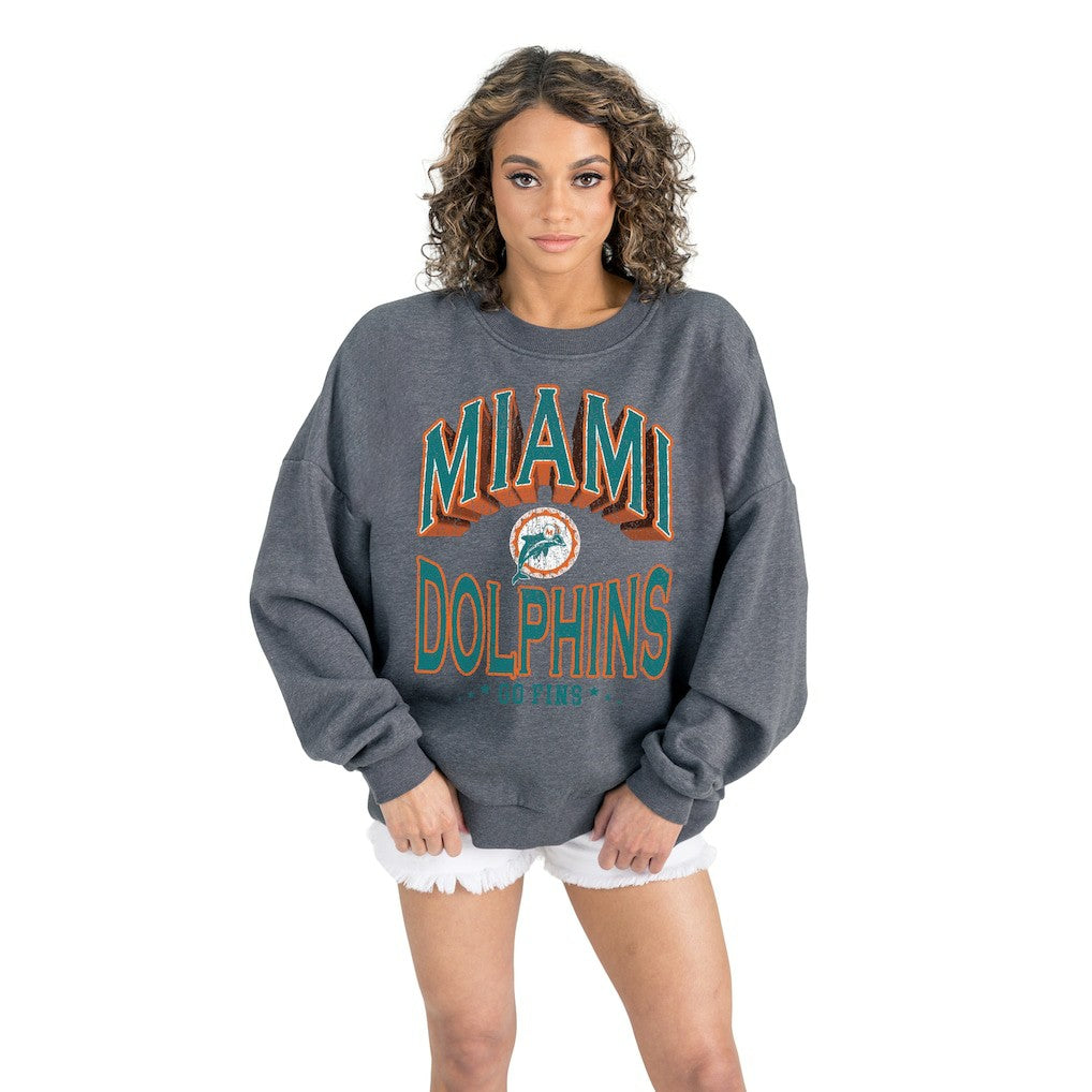 Miami Dolphins Gameday Couture Women's Long Weekends Oversized Premium Fleece Pullover Sweatshirt Charcoal