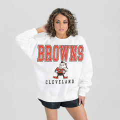 Cleveland Browns Gameday Couture Women's Classic Sunday Drives Oversized Premium Fleece Pullover Sweatshirt White