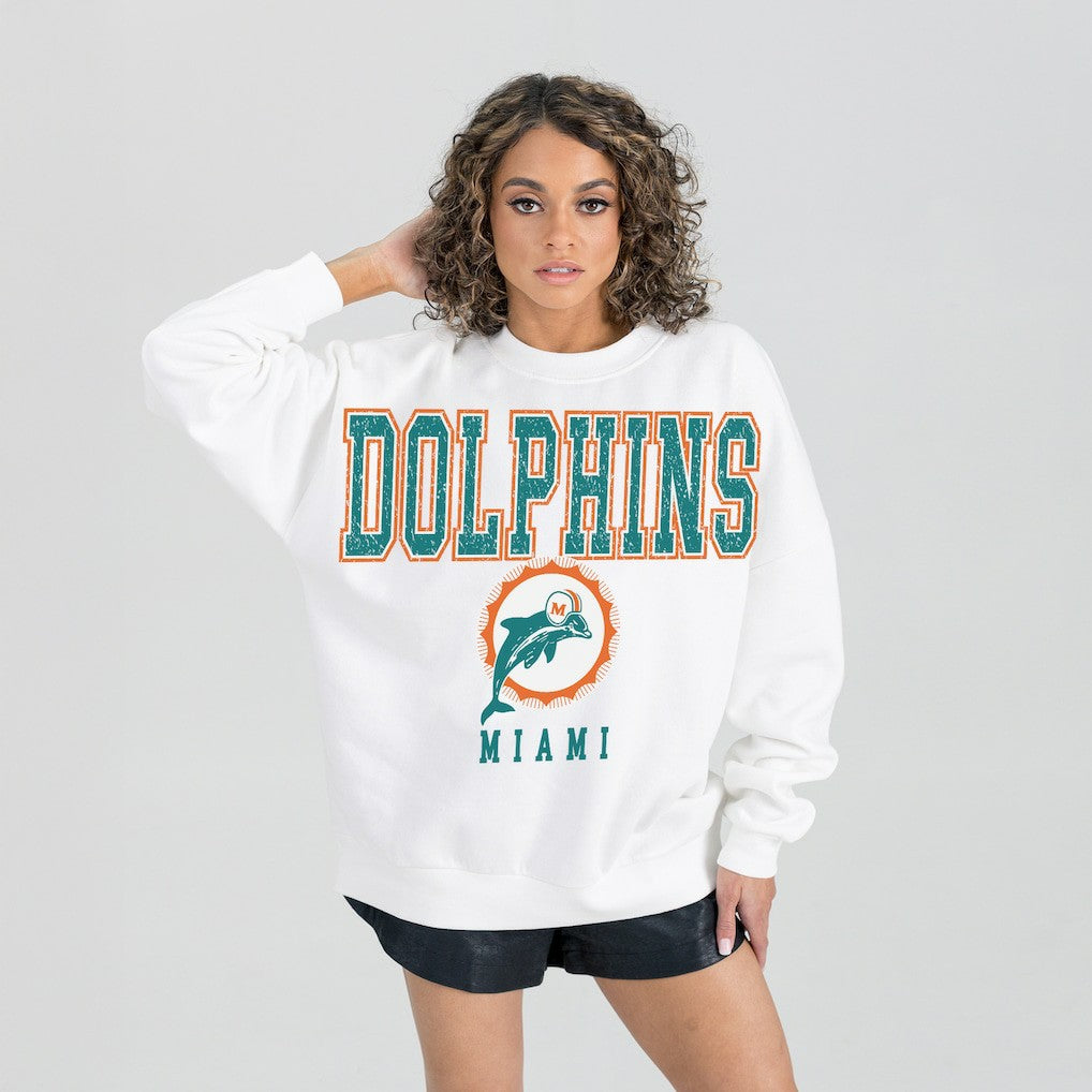 Miami Dolphins Gameday Couture Women's Classic Sunday Drives Oversized Premium Fleece Pullover Sweatshirt White