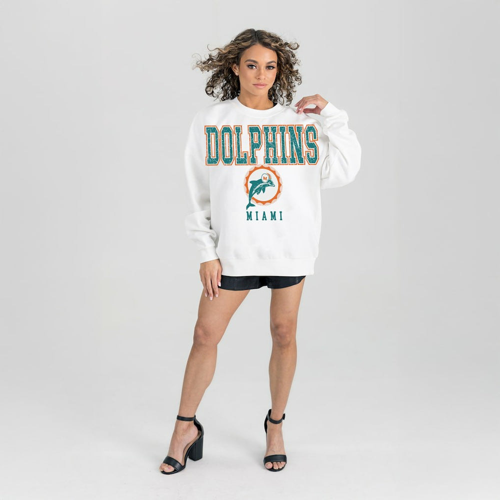 Miami Dolphins Gameday Couture Women's Classic Sunday Drives Oversized Premium Fleece Pullover Sweatshirt White