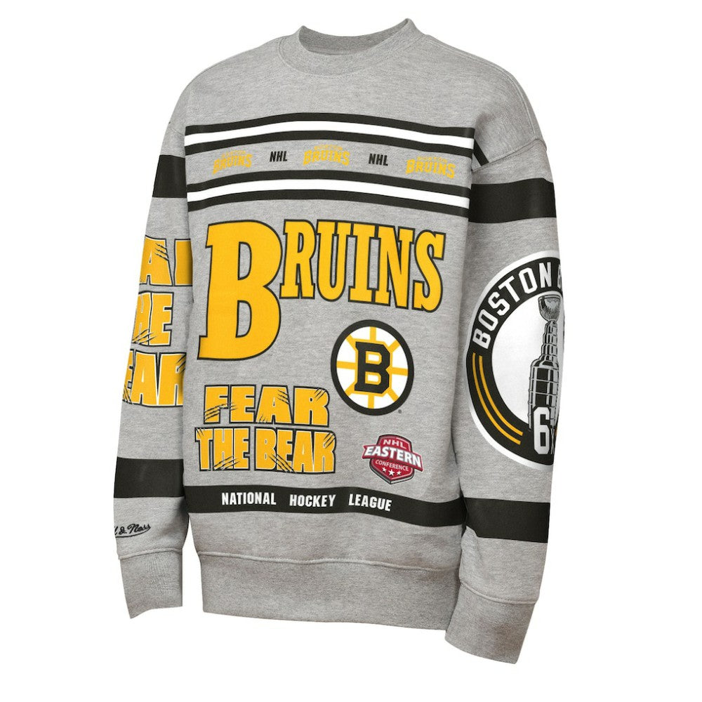 Boston Bruins Mitchell & Ness Youth Allover Print Fleece Crewneck Sweatshirt - Heather Gray - NHL 203328816