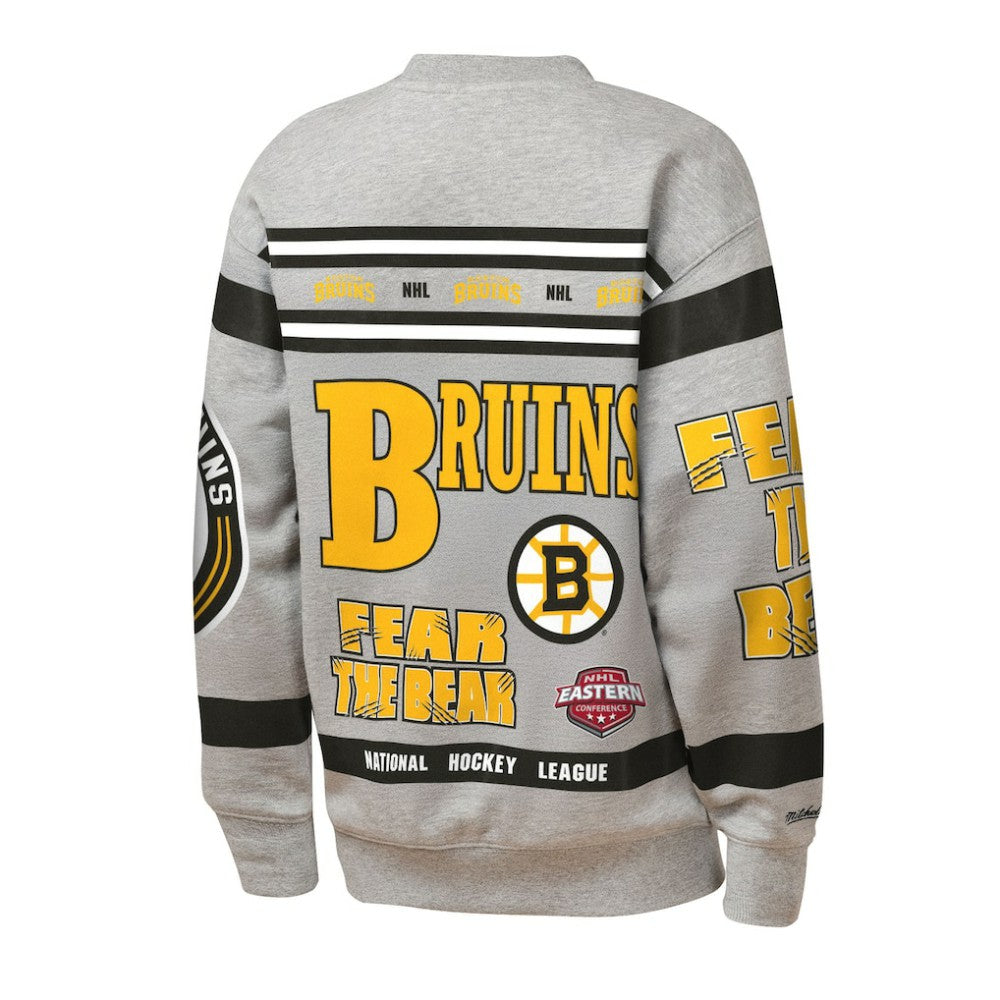 Boston Bruins Mitchell & Ness Youth Allover Print Fleece Crewneck Sweatshirt - Heather Gray - NHL 203328816