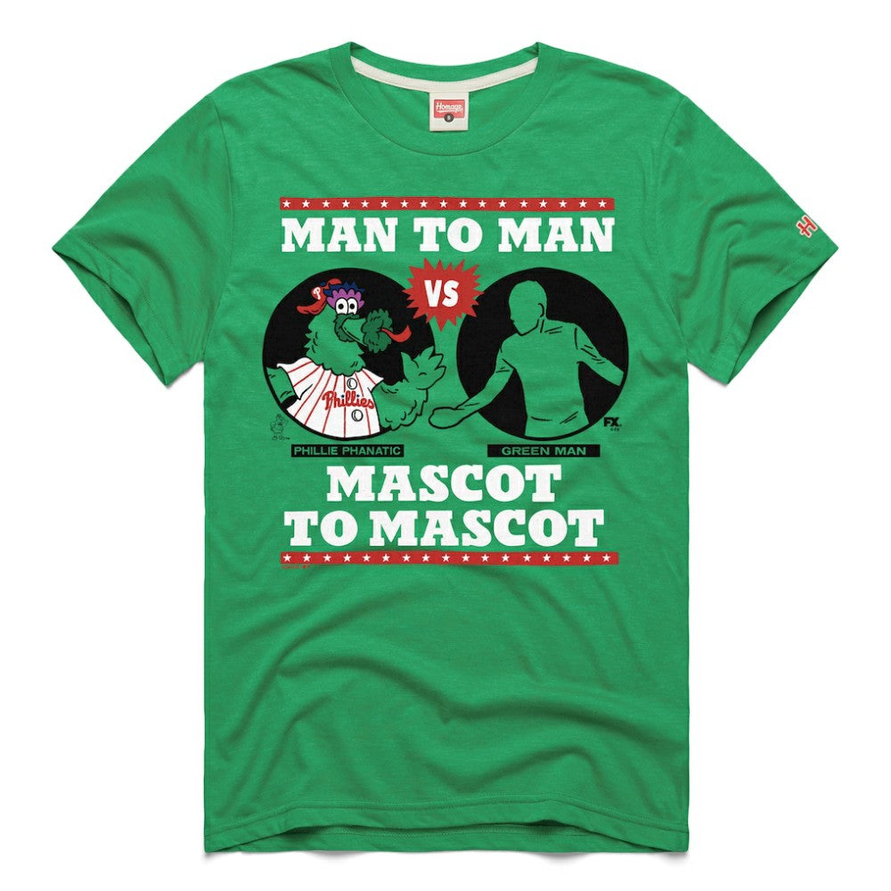 Philadelphia Phillies x It's Always Sunny in Philadelphia Homage Male Adult Phillie Phanatic vs Green Man T-Shirt - Green - MLB on Sale
