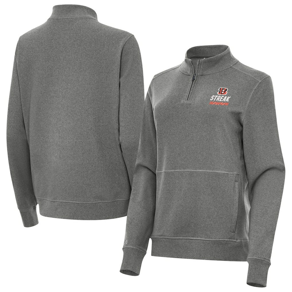 Cincinnati Bengals Antigua Women's Streak Crush Quarter-Zip Pullover Heather Black