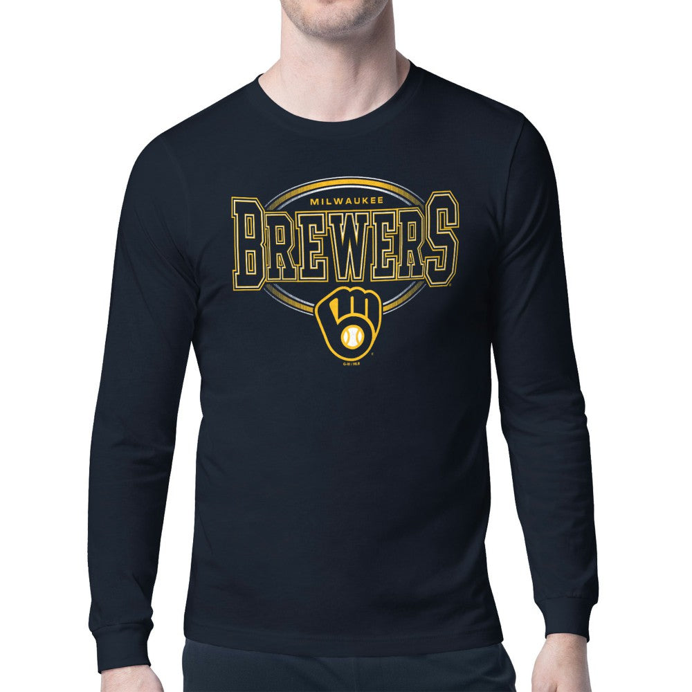 Milwaukee Brewers Starter Team Track Graphic Long Sleeve T-Shirt - Navy - MLB Lifestyle