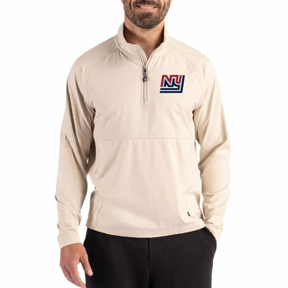 New York Giants Cutter & Buck Adapt Eco Knit Hybrid Recycled Quarter-Zip Jacket Light Brown