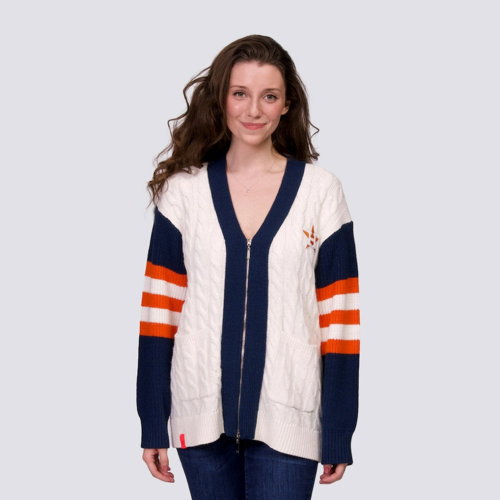 Houston Astros Lusso Women's Shyla Knit V-Neck Full-Zip Sweater - Navy/White - MLB on Sale