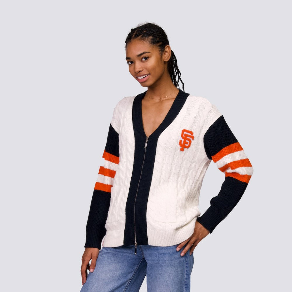 San Francisco Giants Lusso Women's Shyla Knit V-Neck Full-Zip Sweater - Black/White - MLB Discount