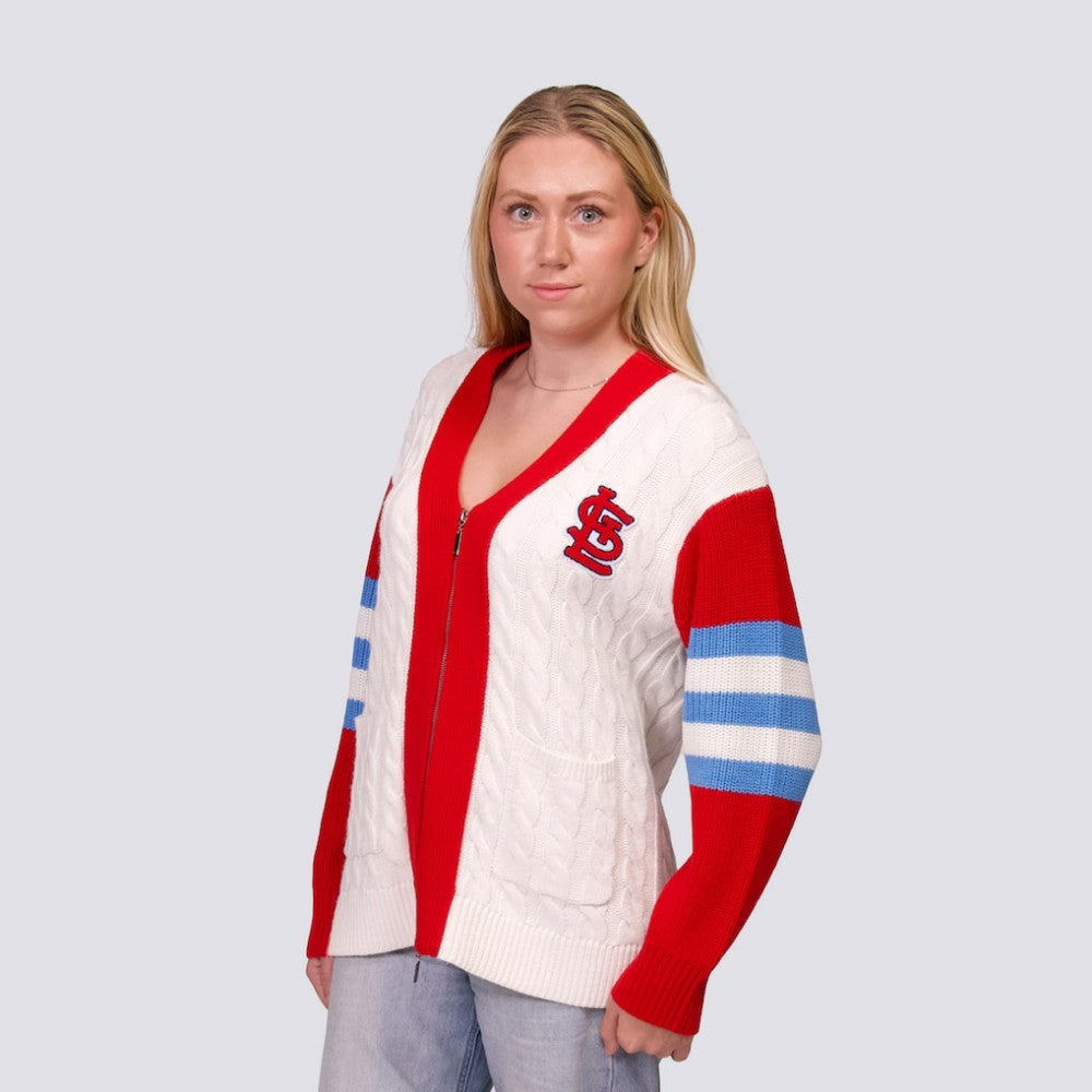 St. Louis Cardinals Lusso Women's Shyla Knit V-Neck Full-Zip Sweater - Red/White - MLB Discount