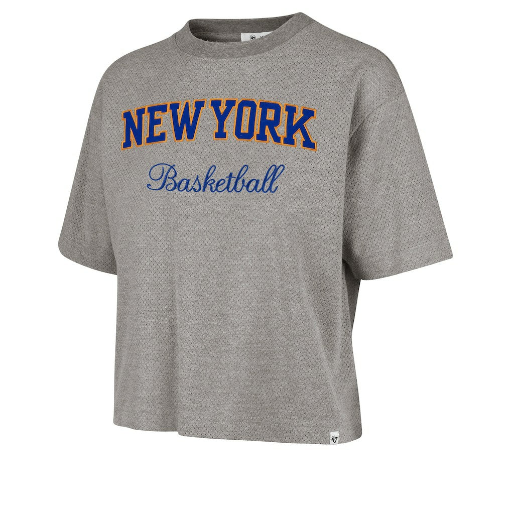 New York Knicks '47 Women's Pivot Drop Needle Cropped T-Shirt Gray | 47 brand