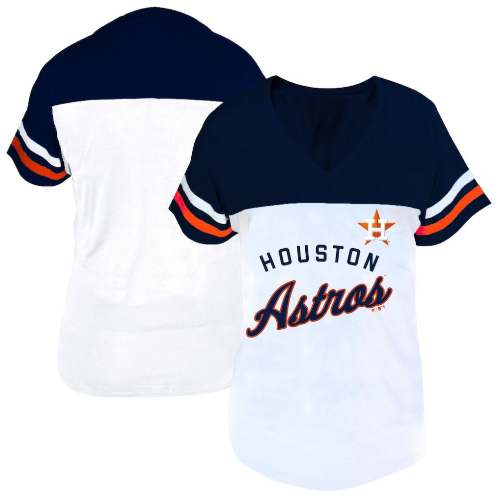 Houston Astros Profile Women's Plus Size Two-Stripe V-Neck T-Shirt - White/Navy - MLB on Sale