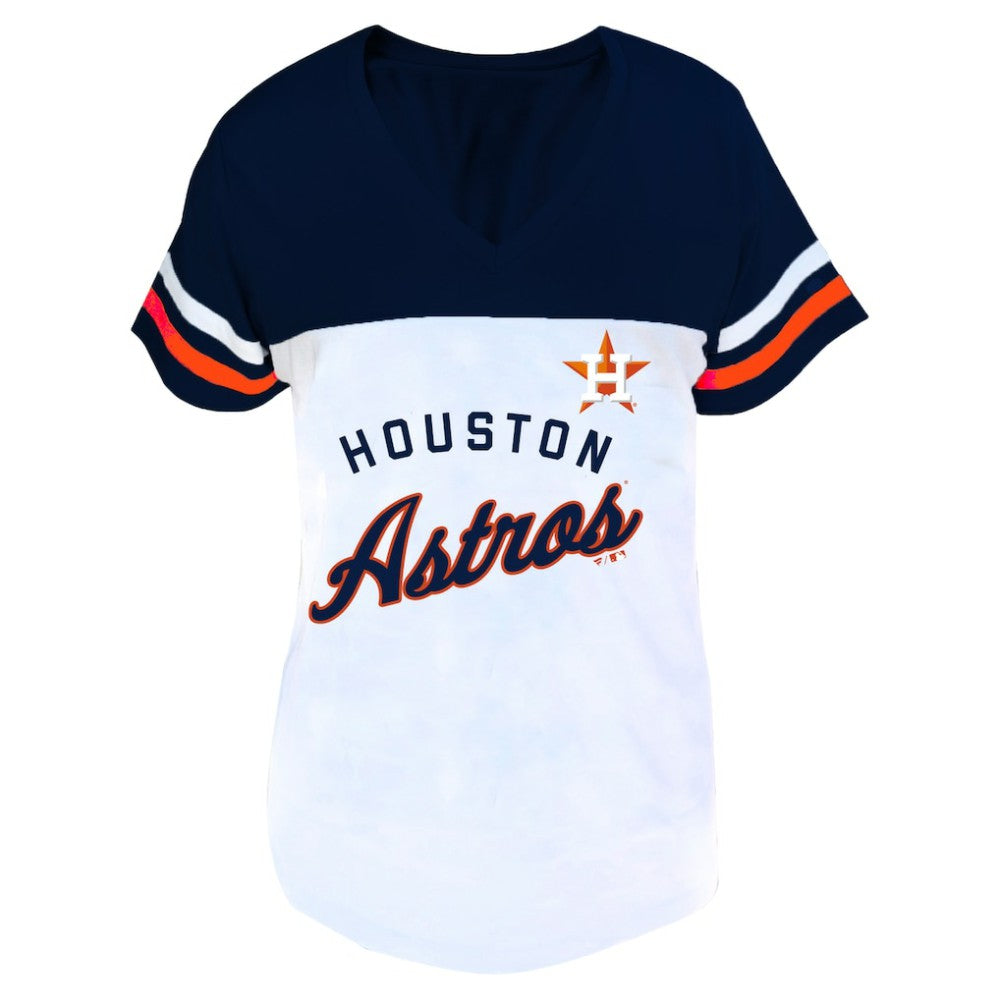 Houston Astros Profile Women's Plus Size Two-Stripe V-Neck T-Shirt - White/Navy - MLB on Sale