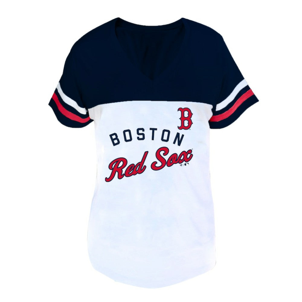 Boston Red Sox Profile Women's Plus Size Two-Stripe V-Neck T-Shirt - White/Navy - MLB on Sale