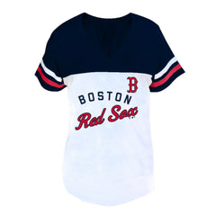 Boston Red Sox Profile Women's Plus Size Two-Stripe V-Neck T-Shirt - White/Navy - MLB on Sale