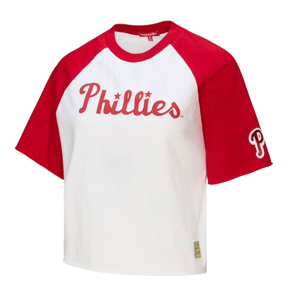 Philadelphia Phillies Mitchell & Ness Women's Cropped Raglan Boxy T-Shirt - White - Mitchell & Ness Sale