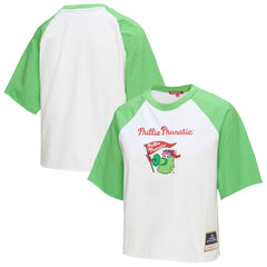 Philadelphia Phillies Mitchell & Ness Women's Cropped Raglan Mascot Boxy T-Shirt - White - Mitchell & Ness Sale