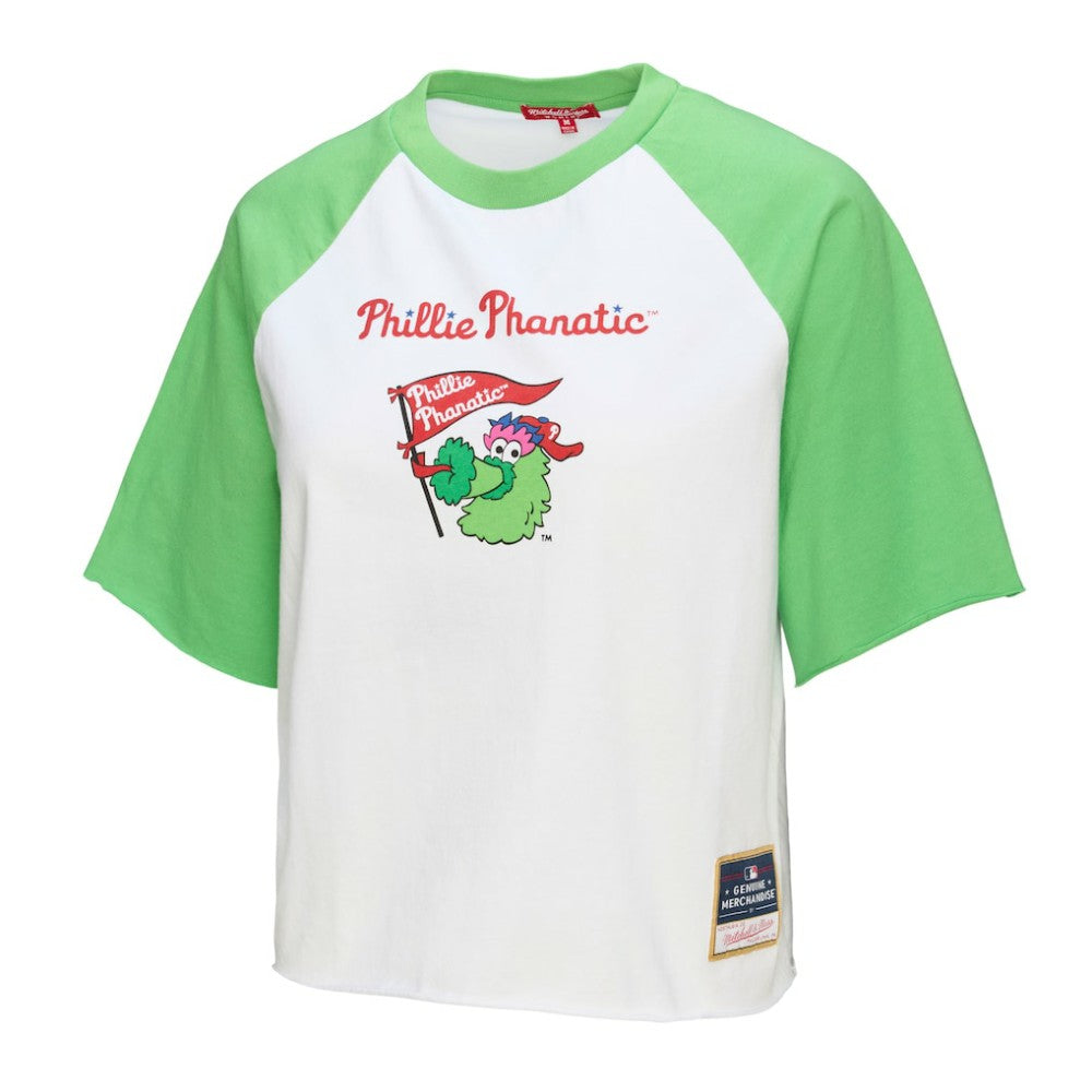 Philadelphia Phillies Mitchell & Ness Women's Cropped Raglan Mascot Boxy T-Shirt - White - Mitchell & Ness Sale