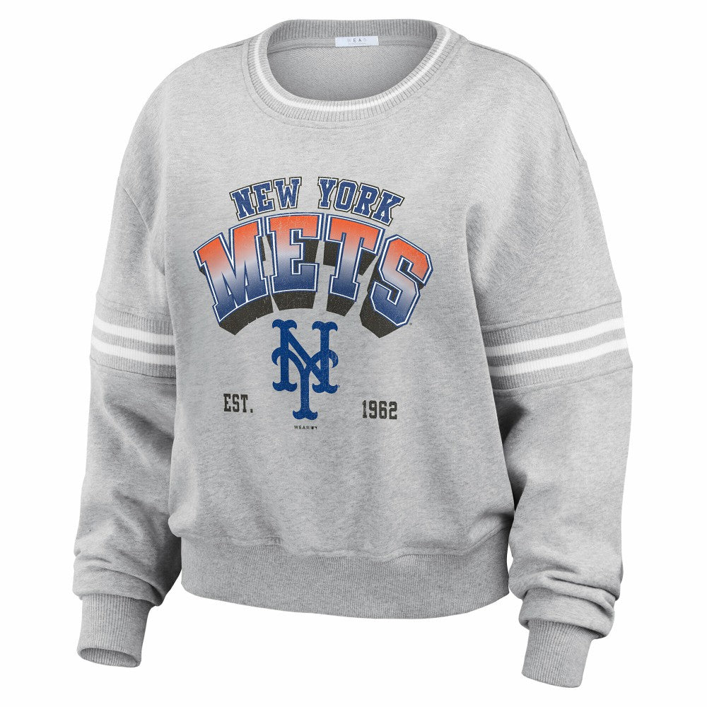 New York Mets WEAR by Erin Andrews Women's Sleeve Stripe Fleece Sweatshirt - Gray - MLB Discount
