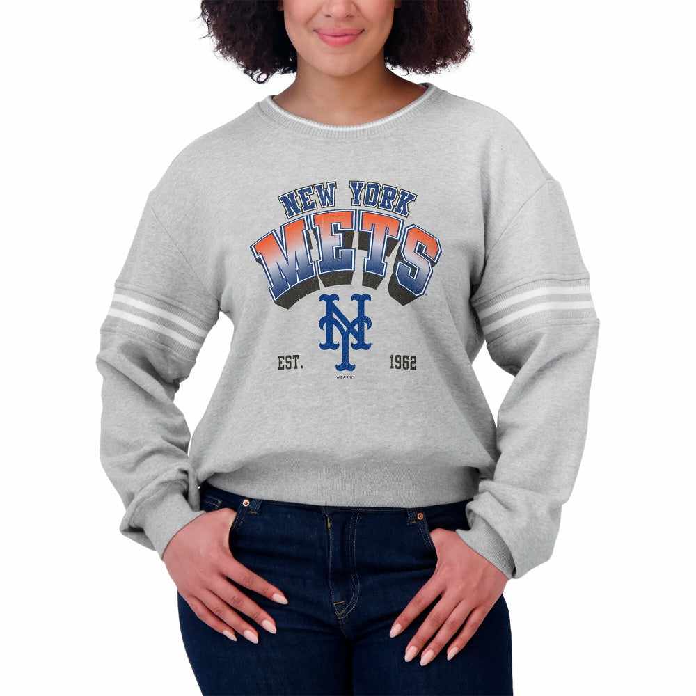 New York Mets WEAR by Erin Andrews Women's Sleeve Stripe Fleece Sweatshirt - Gray - MLB Discount