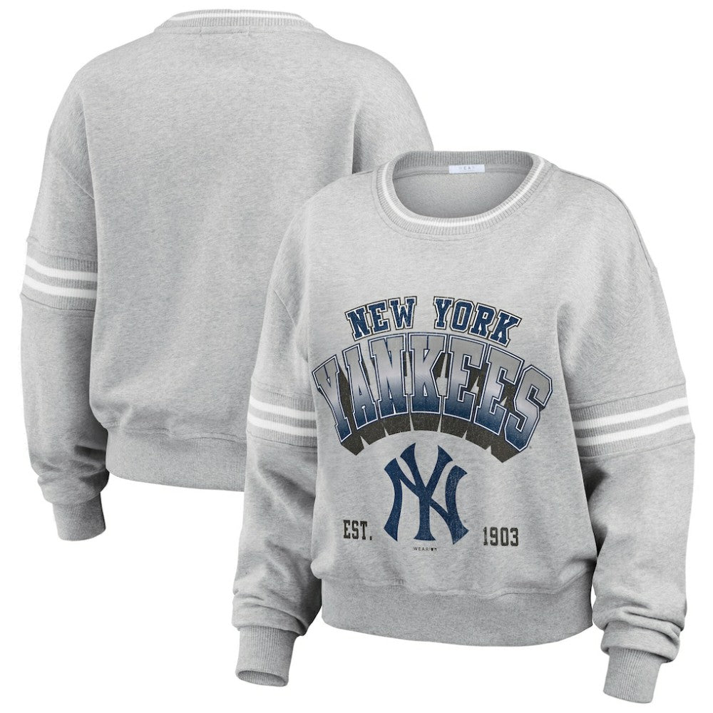 New York Yankees WEAR by Erin Andrews Women's Sleeve Stripe Fleece Crewneck Sweatshirt - Gray - MLB Lifestyle
