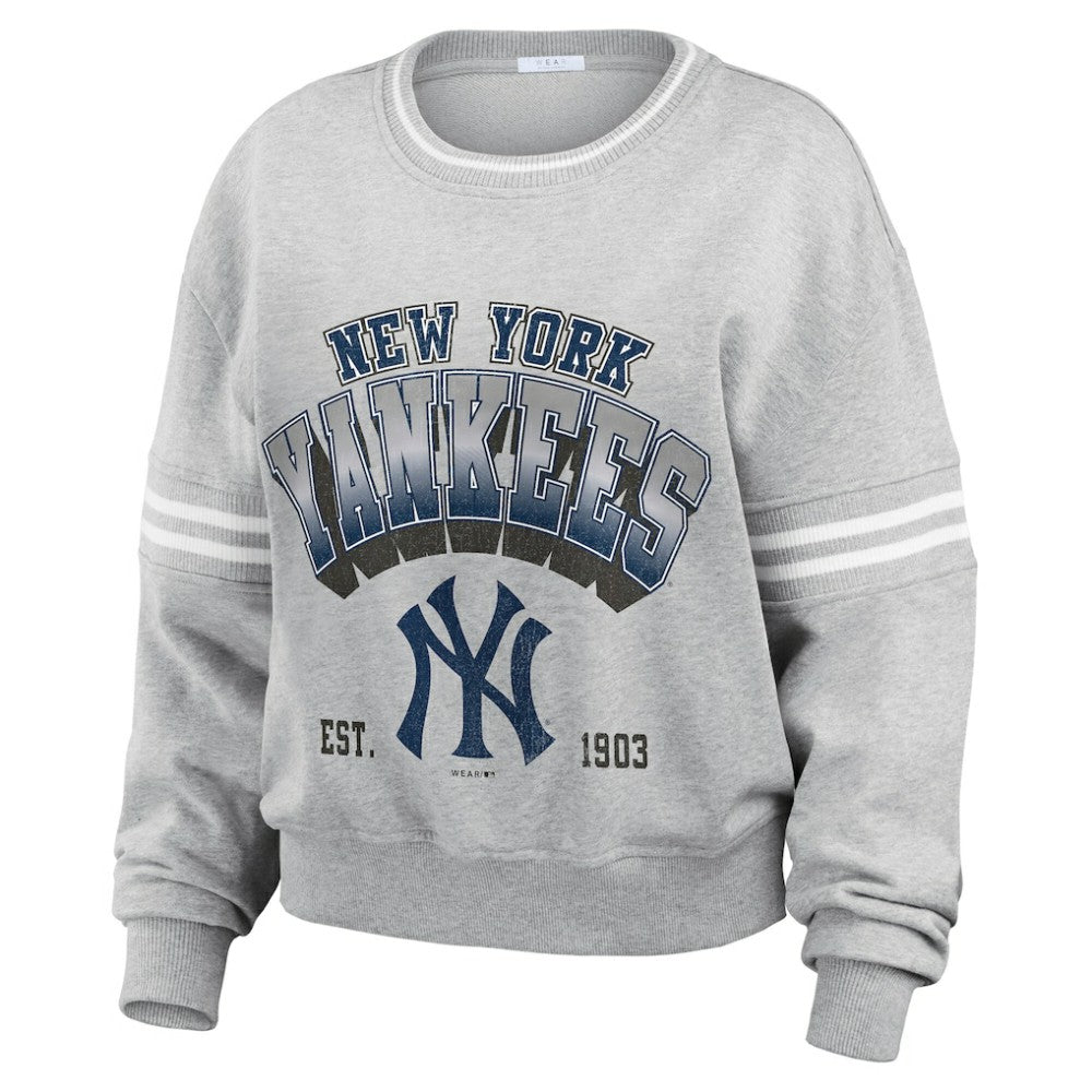 New York Yankees WEAR by Erin Andrews Women's Sleeve Stripe Fleece Crewneck Sweatshirt - Gray - MLB Lifestyle