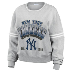 New York Yankees WEAR by Erin Andrews Women's Sleeve Stripe Fleece Crewneck Sweatshirt - Gray - MLB Lifestyle