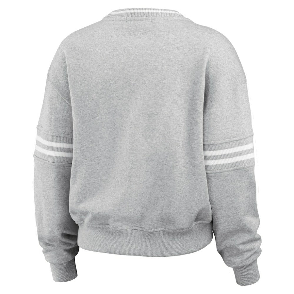 New York Yankees WEAR by Erin Andrews Women's Sleeve Stripe Fleece Crewneck Sweatshirt - Gray - MLB Lifestyle