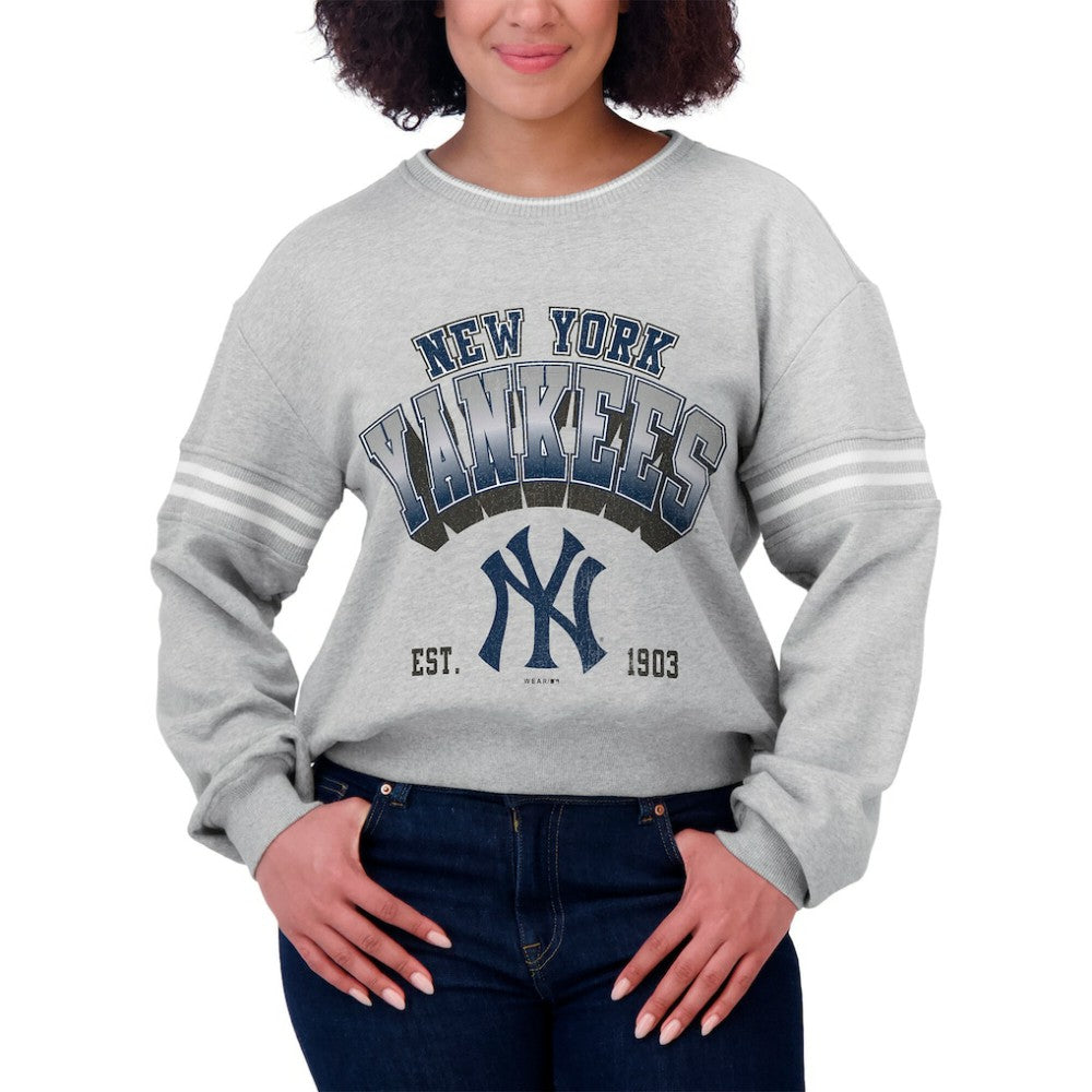 New York Yankees WEAR by Erin Andrews Women's Sleeve Stripe Fleece Crewneck Sweatshirt - Gray - MLB Lifestyle
