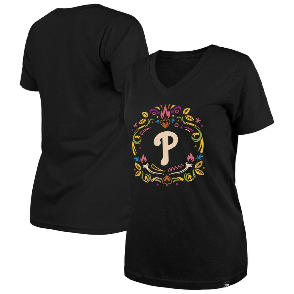 Philadelphia Phillies New Era Women's Día de los Muertos V-Neck T-Shirt - Black - New Era Online