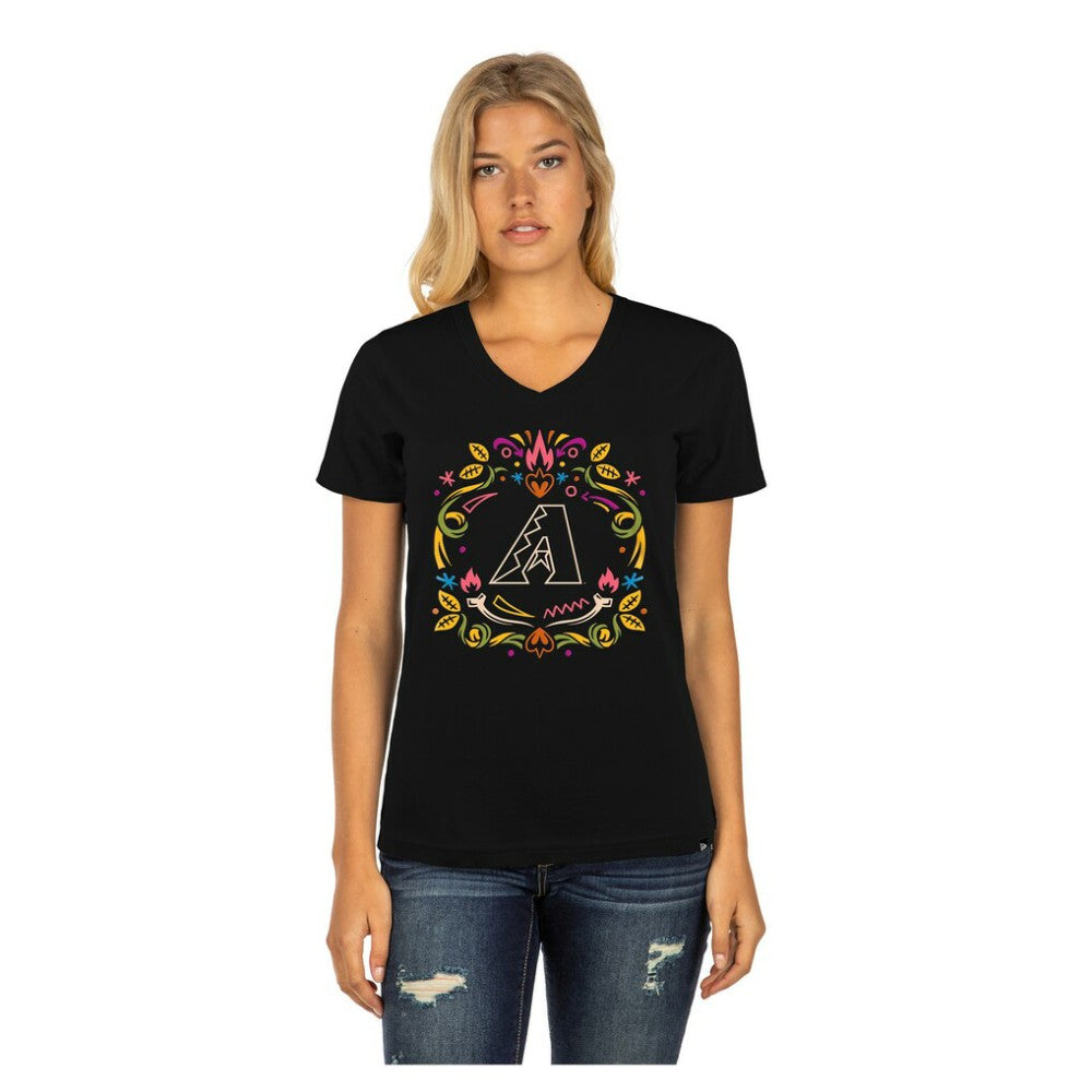 Arizona Diamondbacks New Era Women's Día de los Muertos V-Neck T-Shirt - Black - New Era Lifestyle