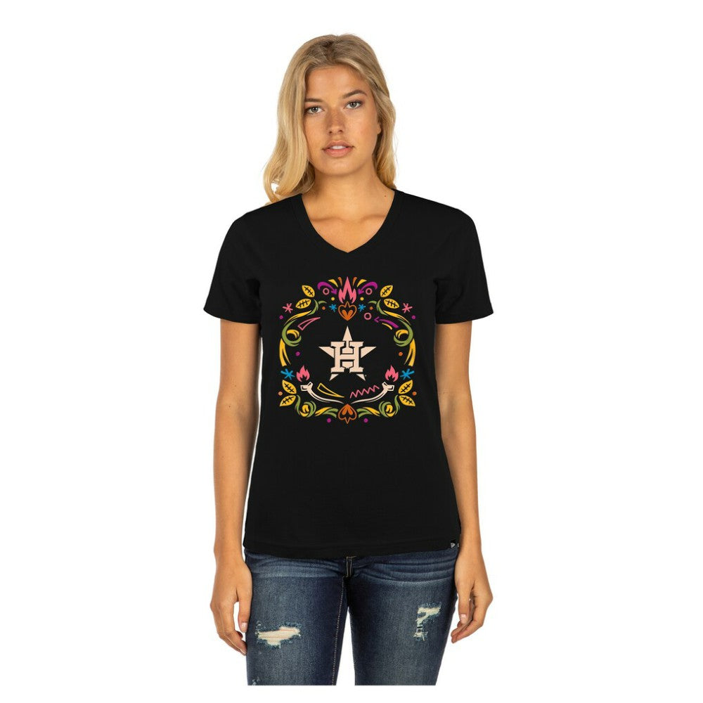 Houston Astros New Era Women's Día de los Muertos V-Neck T-Shirt - Black - New Era Discount