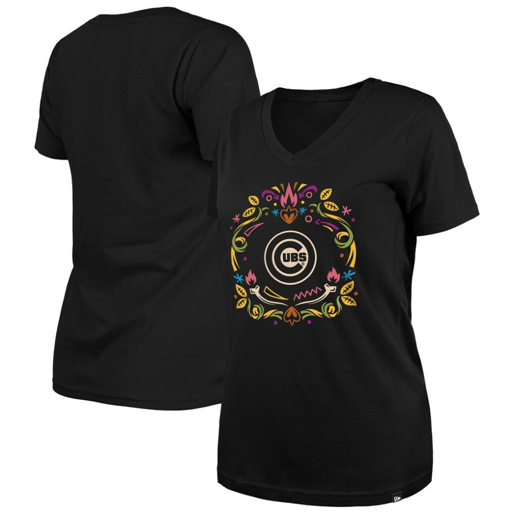 Chicago Cubs New Era Women's Día de los Muertos V-Neck T-Shirt - Black - New Era Discount