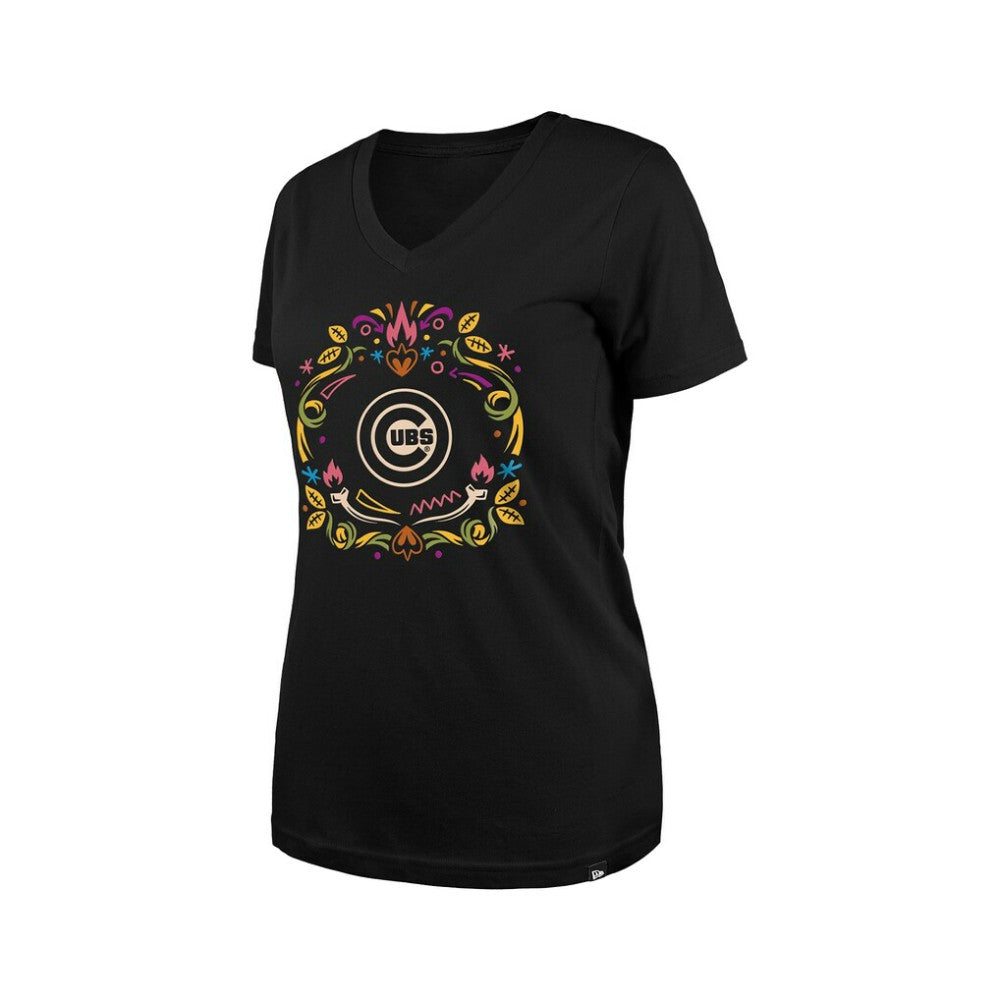 Chicago Cubs New Era Women's Día de los Muertos V-Neck T-Shirt - Black - New Era Discount
