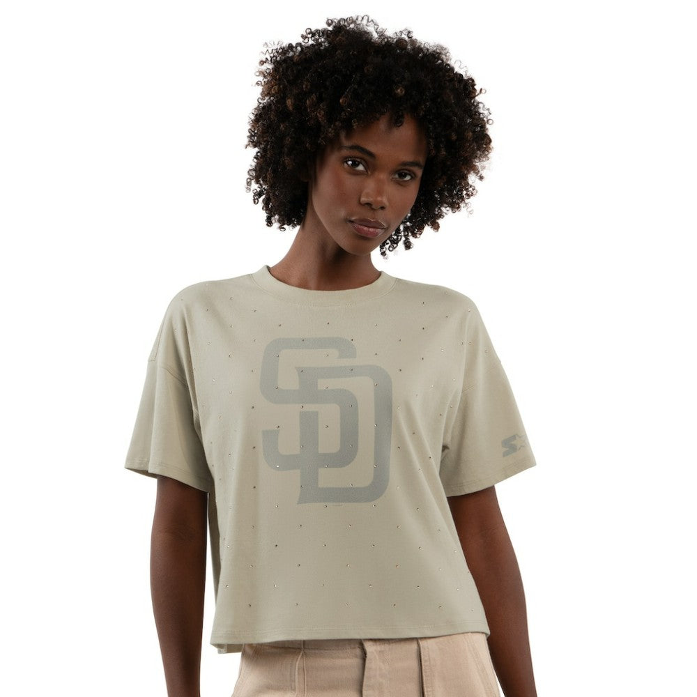 San Diego Padres Starter Women's Rhinestone Sprinkle Boxy Cropped T-Shirt - Khaki - MLB Discount