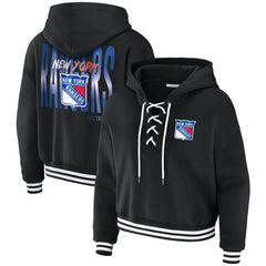 New York Rangers WEAR by Erin Andrews Women's Cropped Lace-Up Hoodie - Black - NHL 203391591