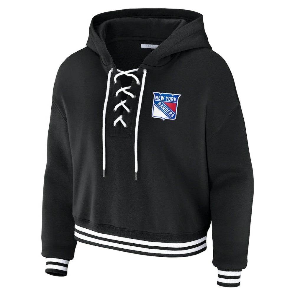 New York Rangers WEAR by Erin Andrews Women's Cropped Lace-Up Hoodie - Black - NHL 203391591