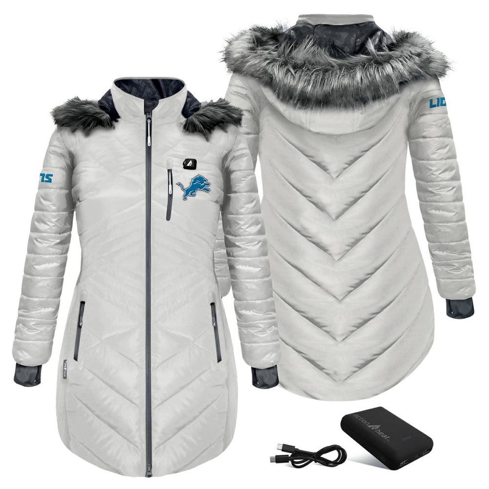 Detroit Lions ActionHeat Women's 5V Battery Heated Long Puffer Full-Zip Hoodie Jacket White