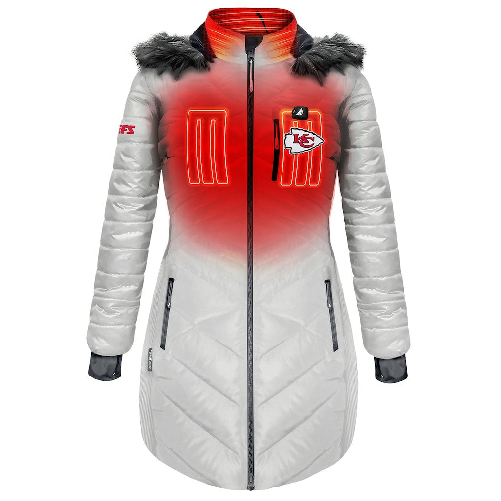 Kansas City Chiefs ActionHeat Women's 5V Battery Heated Long Puffer Full-Zip Hoodie Jacket White