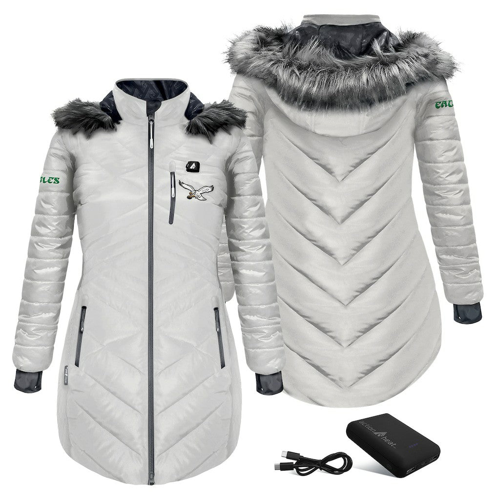 Philadelphia Eagles ActionHeat Women's 5V Battery Heated Long Puffer Full-Zip Hoodie Jacket White