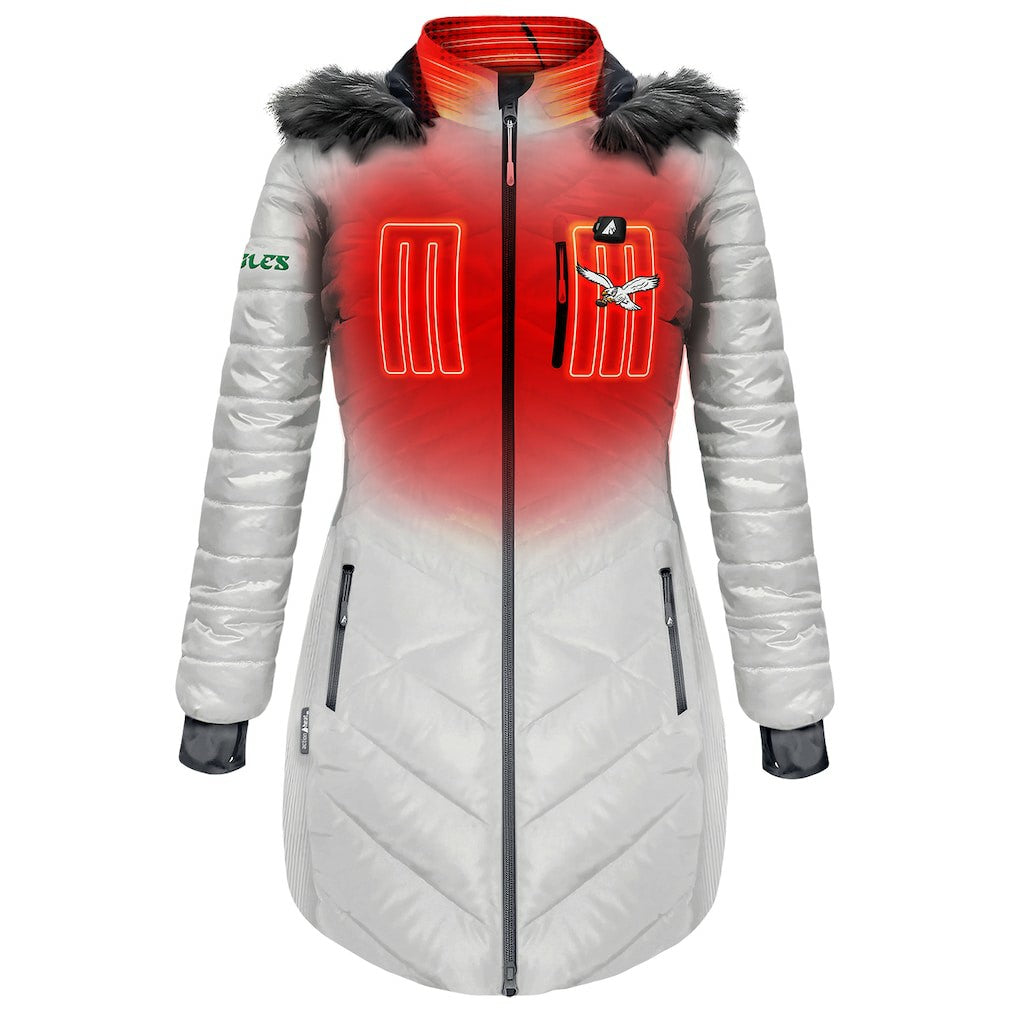 Philadelphia Eagles ActionHeat Women's 5V Battery Heated Long Puffer Full-Zip Hoodie Jacket White