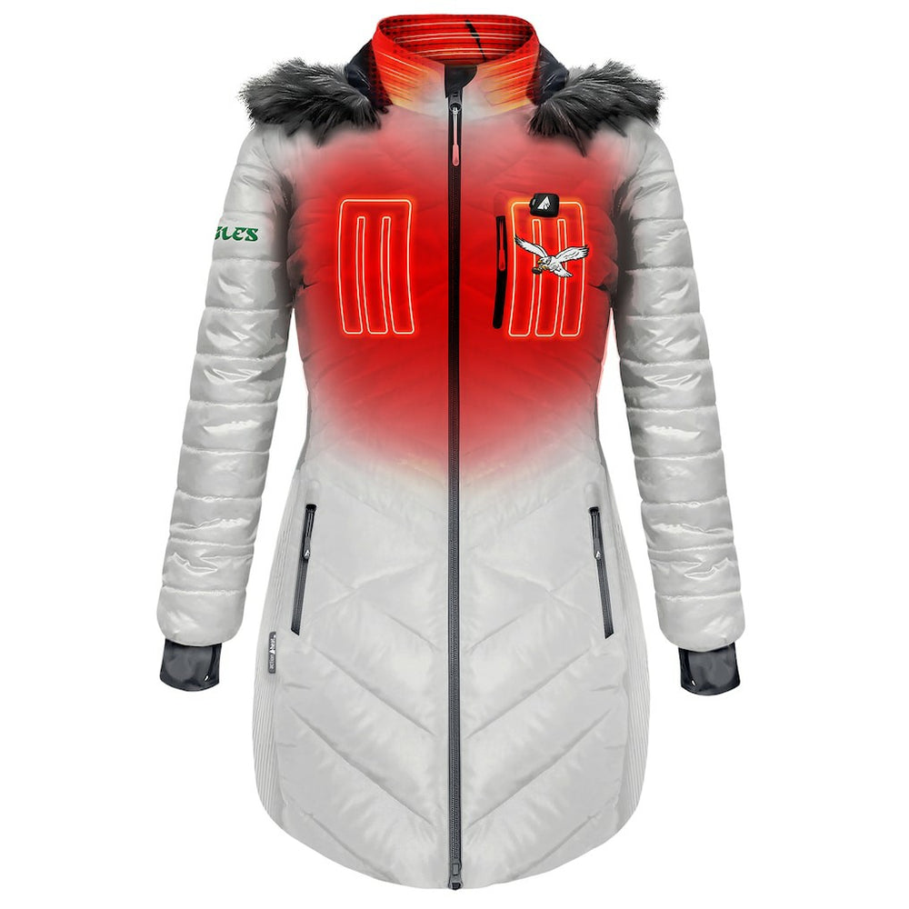 Philadelphia Eagles ActionHeat Women's 5V Battery Heated Long Puffer Full-Zip Hoodie Jacket White