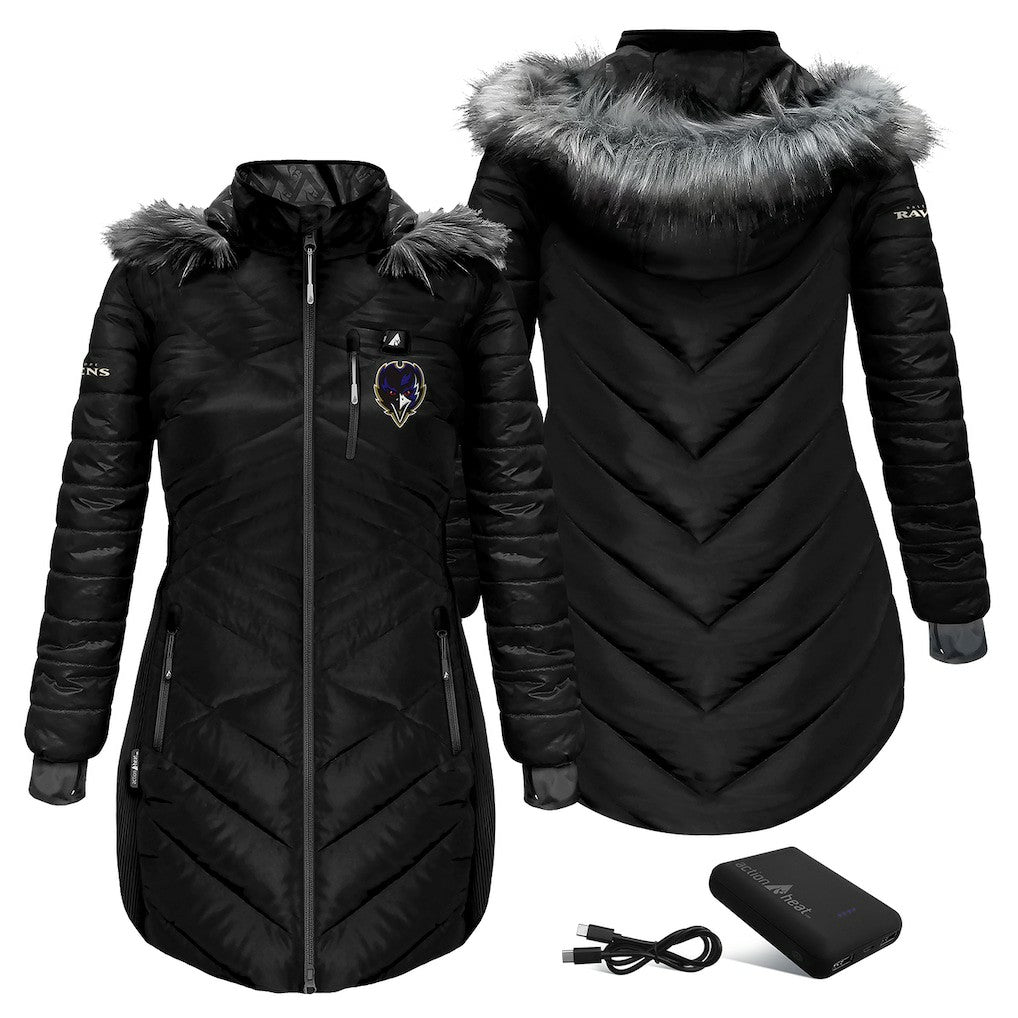 Baltimore Ravens ActionHeat Women's 5V Battery Heated Long Puffer Full-Zip Hoodie Jacket Black