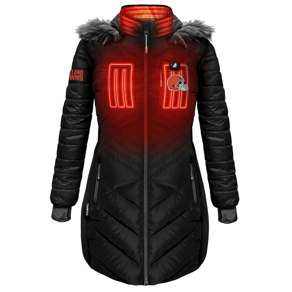 Cleveland Browns ActionHeat Women's 5V Battery Heated Long Puffer Full-Zip Hoodie Jacket Black